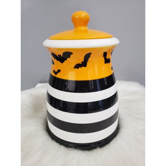 HALLOWEEN‎ ceramic canister cookie jar candy decor retro bats striped storage - Picture 7 of 7
